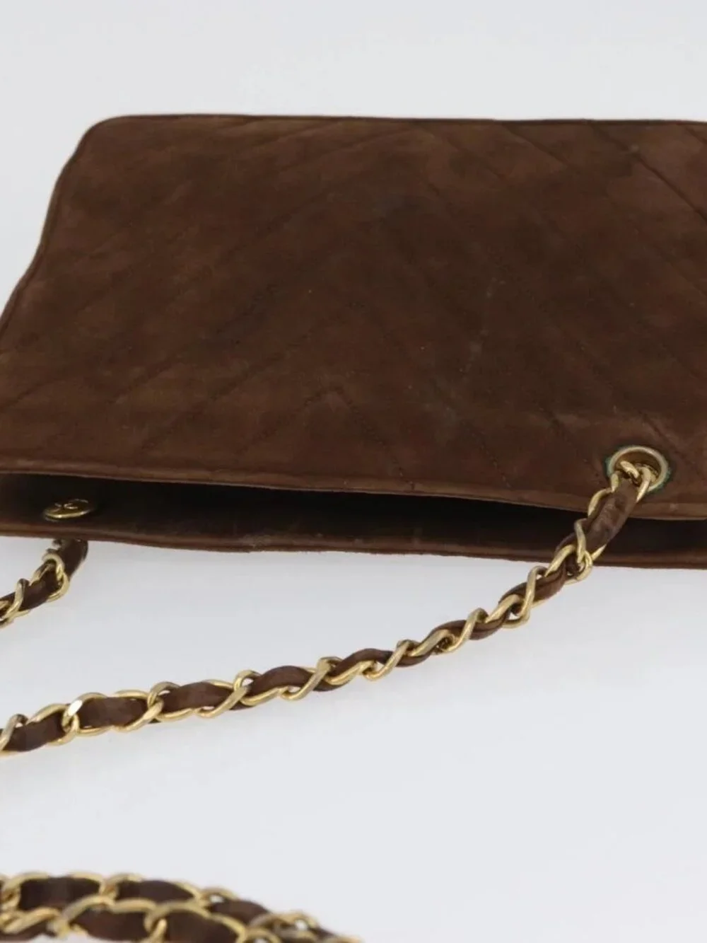 CHANEL V Stitched Chain Shoulder Bag Suede Brown Gold CC Auth 173313V